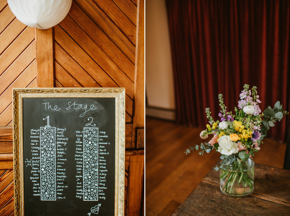 The bride wears a customised Alice & Olivia dress and 1950s wax flower headpiece for her Springtime village hall wedding. Photography by Ellie Gillard.