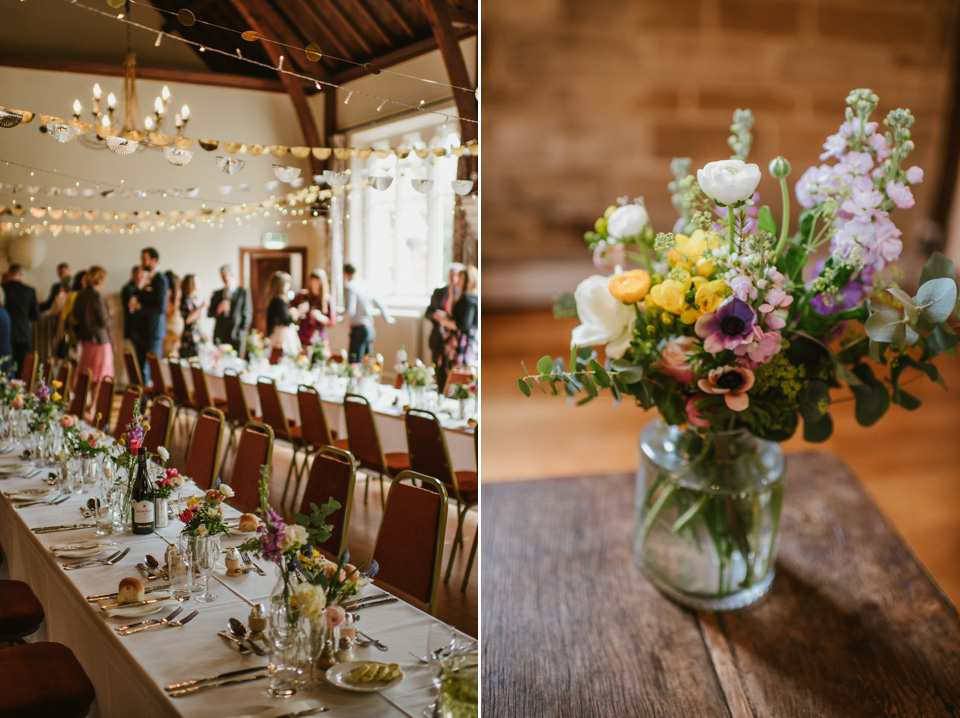 The bride wears a customised Alice & Olivia dress and 1950s wax flower headpiece for her Springtime village hall wedding. Photography by Ellie Gillard.