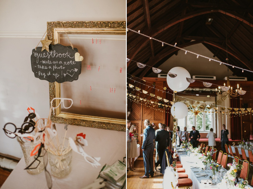 The bride wears a customised Alice & Olivia dress and 1950s wax flower headpiece for her Springtime village hall wedding. Photography by Ellie Gillard.