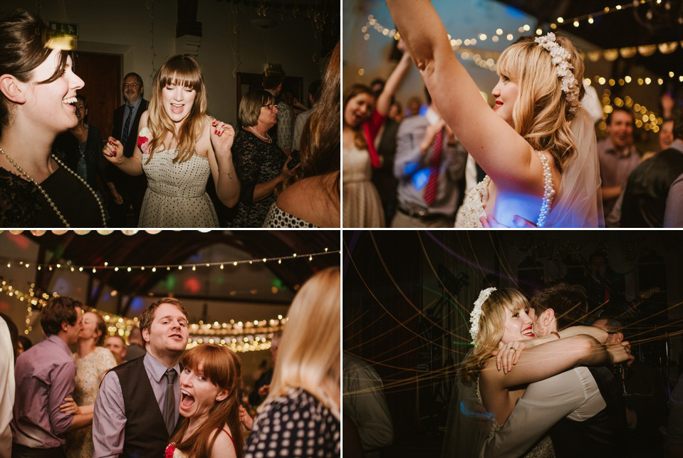 The bride wears a customised Alice & Olivia dress and 1950s wax flower headpiece for her Springtime village hall wedding. Photography by Ellie Gillard.