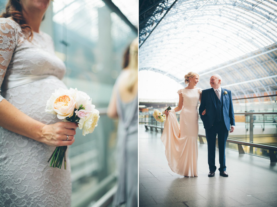 The bride wears a Belle & Bunty gown in blush for her child and family friendly wedding at Trinity Buoy Wharf in London. Photography by Kat Green.