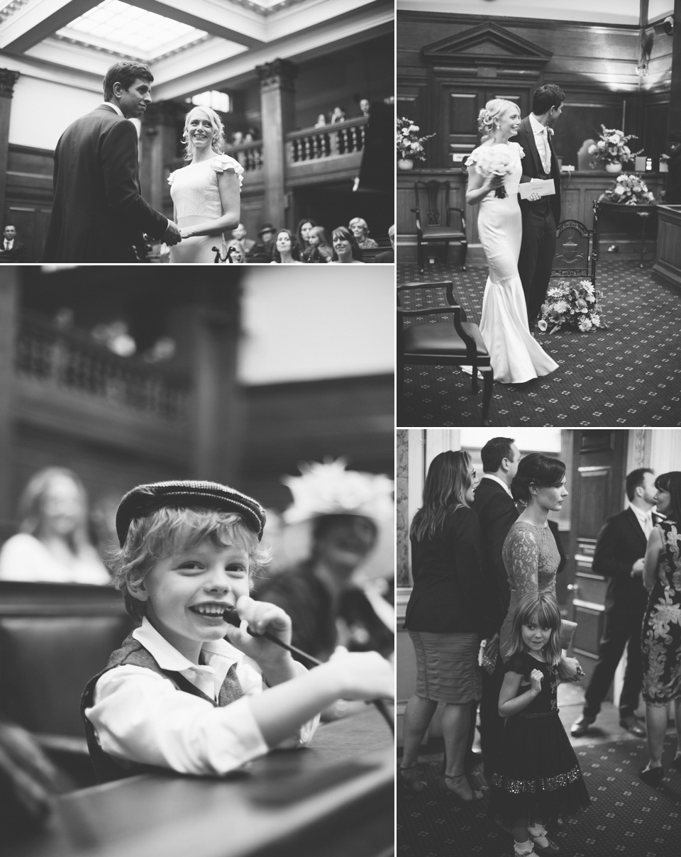 The bride wears a Belle & Bunty gown in blush for her child and family friendly wedding at Trinity Buoy Wharf in London. Photography by Kat Green.