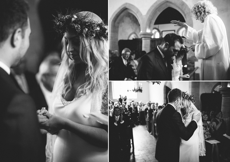 The bride wears a beautiful floral crown and Charlie Brear dress for her house party wedding at Maunsel House in Somerset. Photography by McKinley Rodgers.