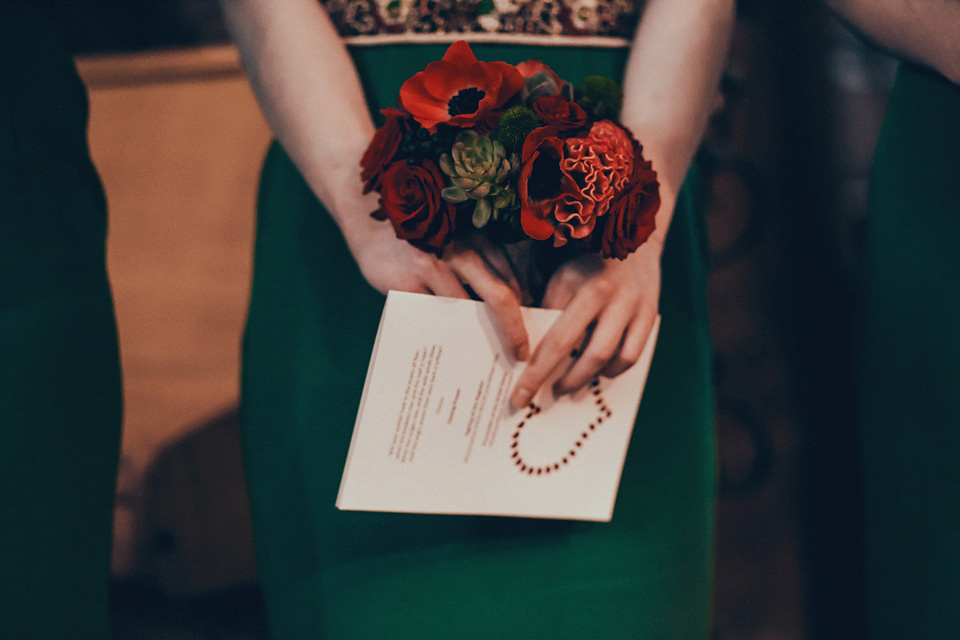 The bride wears green wedding shoes and a 50's style dress from Flossy and Dossy for her Glasgow wedding. Photography by John Elphinstone-Stirling.