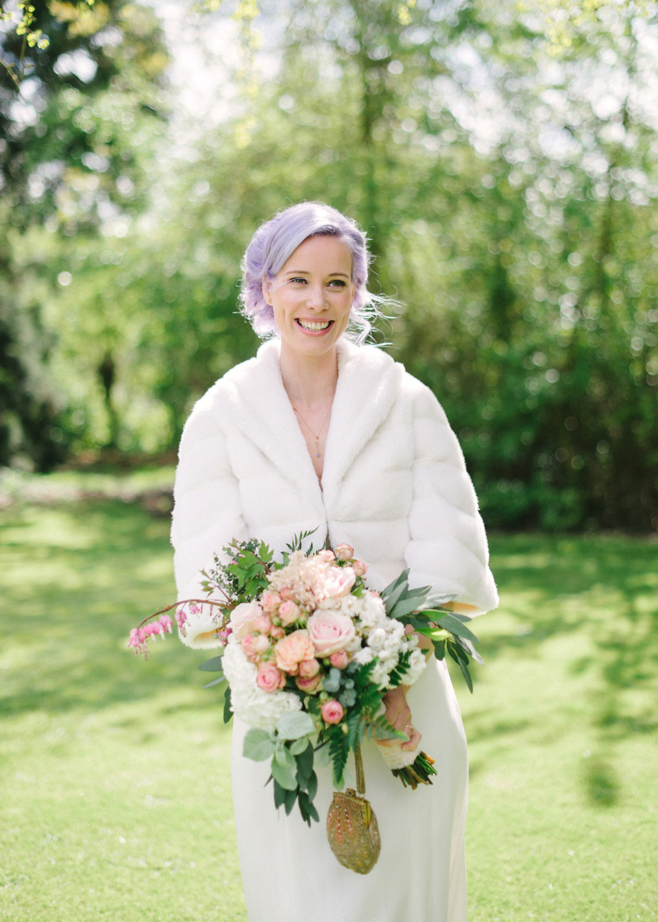 Lilac Hair and Pastel Flowers for an Intimate Springtime Pub Wedding Shot on Film. Photography by Hannah Duffy.