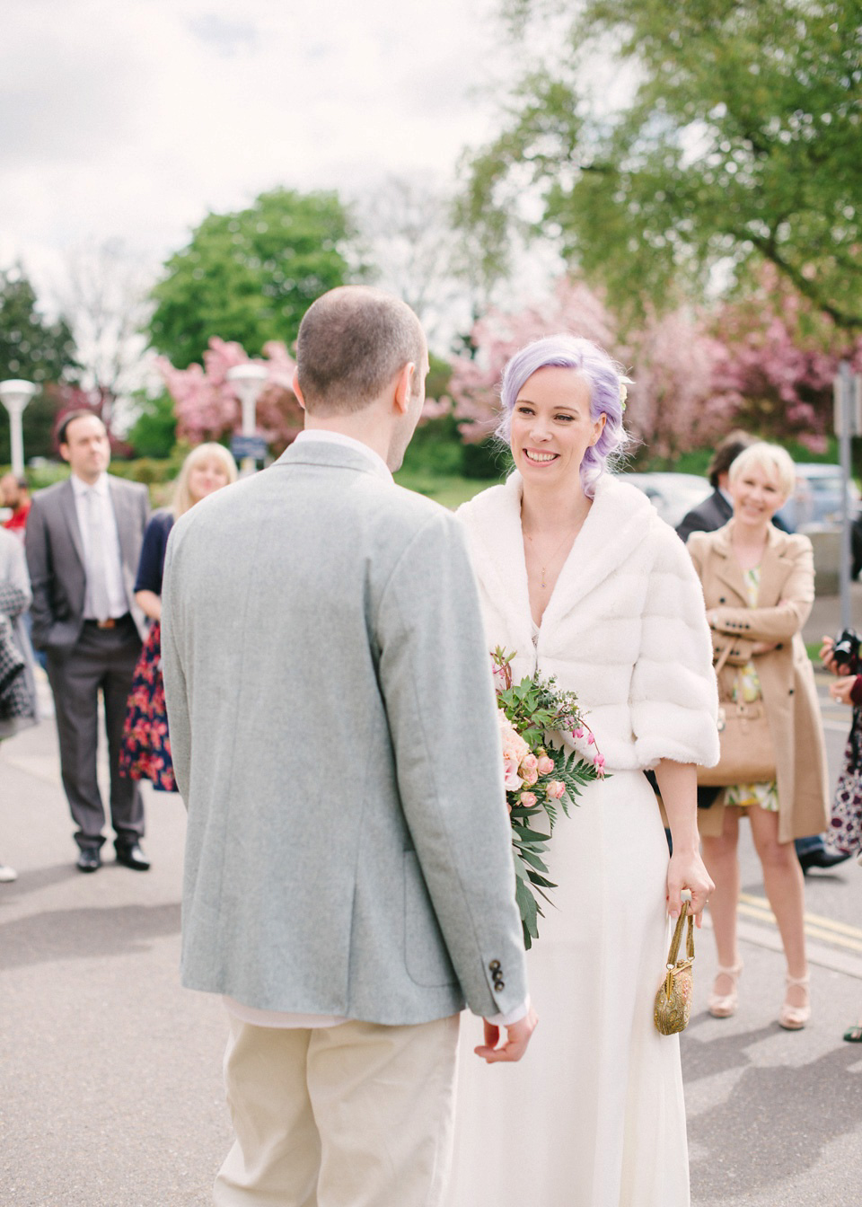 Lilac Hair and Pastel Flowers for an Intimate Springtime Pub Wedding Shot on Film. Photography by Hannah Duffy.