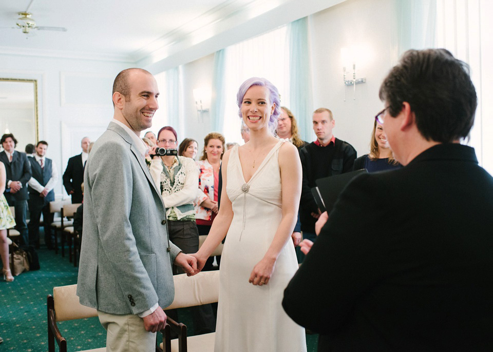 Lilac Hair and Pastel Flowers for an Intimate Springtime Pub Wedding Shot on Film. Photography by Hannah Duffy.