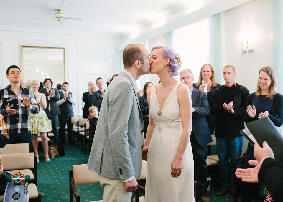 Lilac Hair and Pastel Flowers for an Intimate Springtime Pub Wedding Shot on Film. Photography by Hannah Duffy.