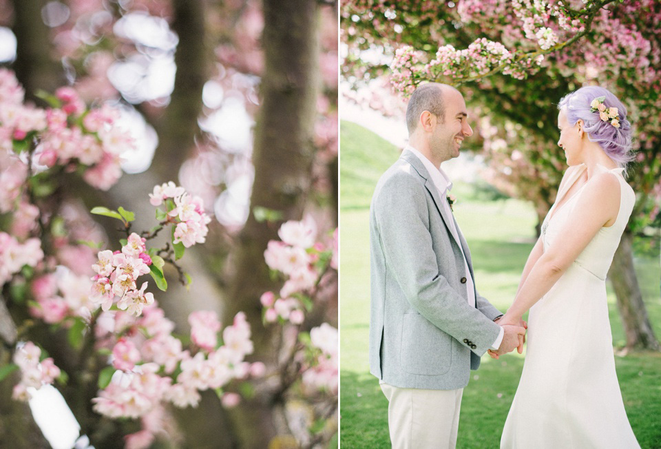 Lilac Hair and Pastel Flowers for an Intimate Springtime Pub Wedding Shot on Film. Photography by Hannah Duffy.