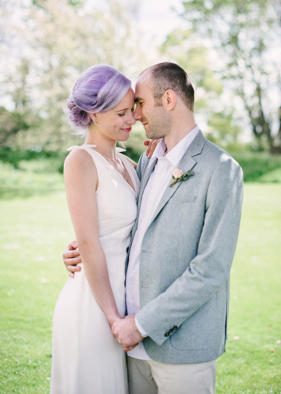 Lilac Hair and Pastel Flowers for an Intimate Springtime Pub Wedding Shot on Film. Photography by Hannah Duffy.