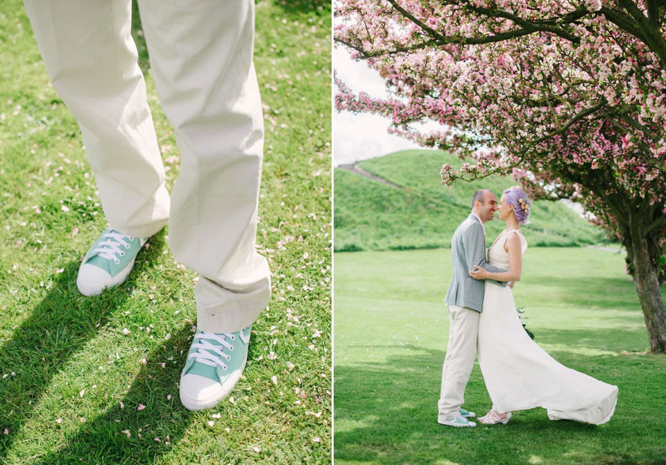 Lilac Hair and Pastel Flowers for an Intimate Springtime Pub Wedding Shot on Film. Photography by Hannah Duffy.