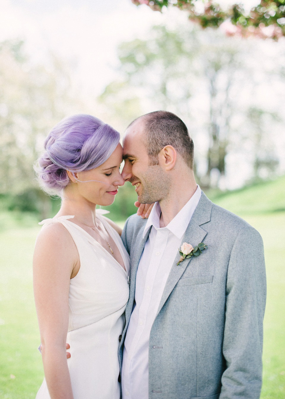 Lilac Hair and Pastel Flowers for an Intimate Springtime Pub Wedding Shot on Film. Photography by Hannah Duffy.