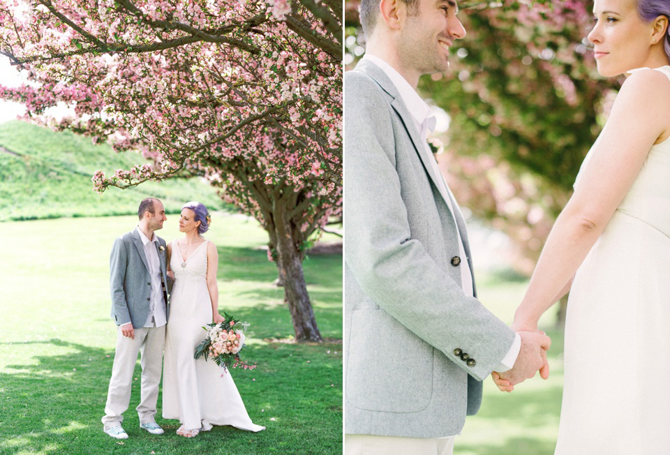 Lilac Hair and Pastel Flowers for an Intimate Springtime Pub Wedding Shot on Film. Photography by Hannah Duffy.