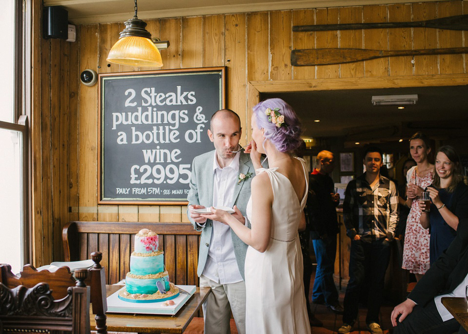 Lilac Hair and Pastel Flowers for an Intimate Springtime Pub Wedding Shot on Film. Photography by Hannah Duffy.