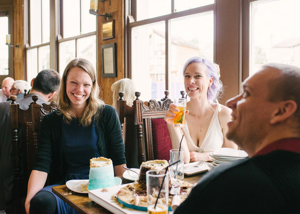 Lilac Hair and Pastel Flowers for an Intimate Springtime Pub Wedding Shot on Film. Photography by Hannah Duffy.