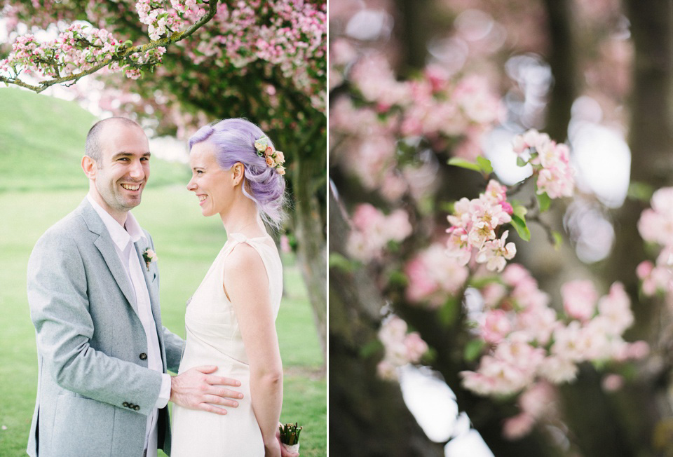 Lilac Hair and Pastel Flowers for an Intimate Springtime Pub Wedding Shot on Film. Photography by Hannah Duffy.