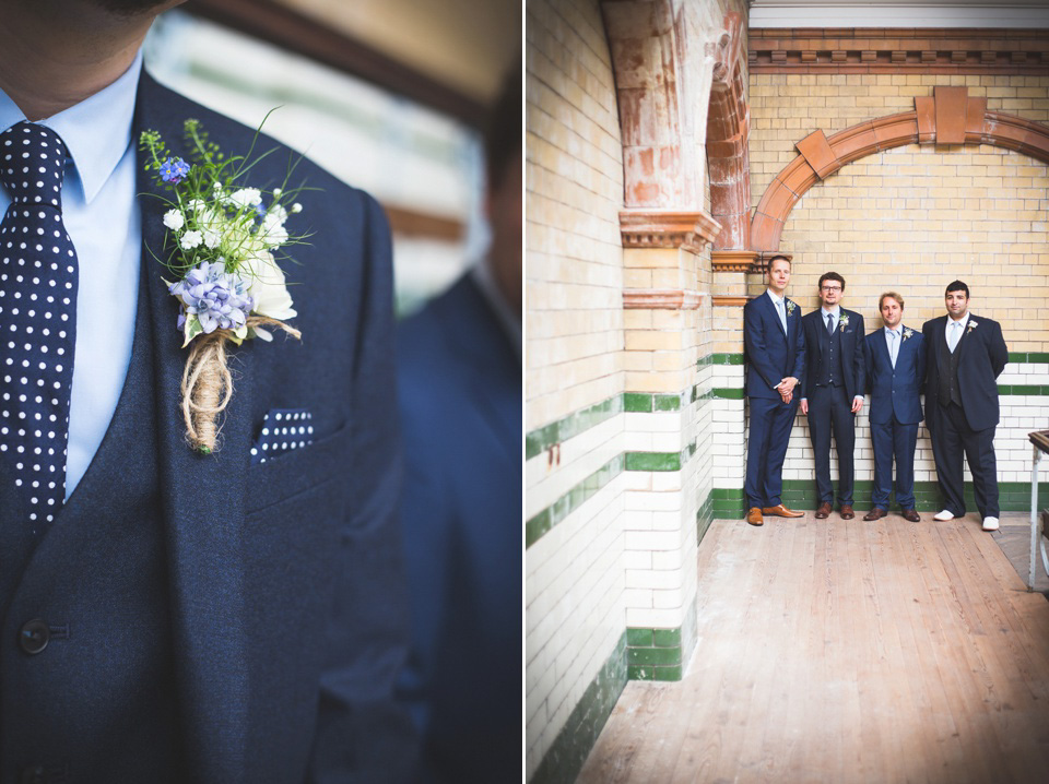 The bride wears a Charlotte Balbier gown for her 50's vintage inspired pale blue wedding at Victoria Baths, Manchester.