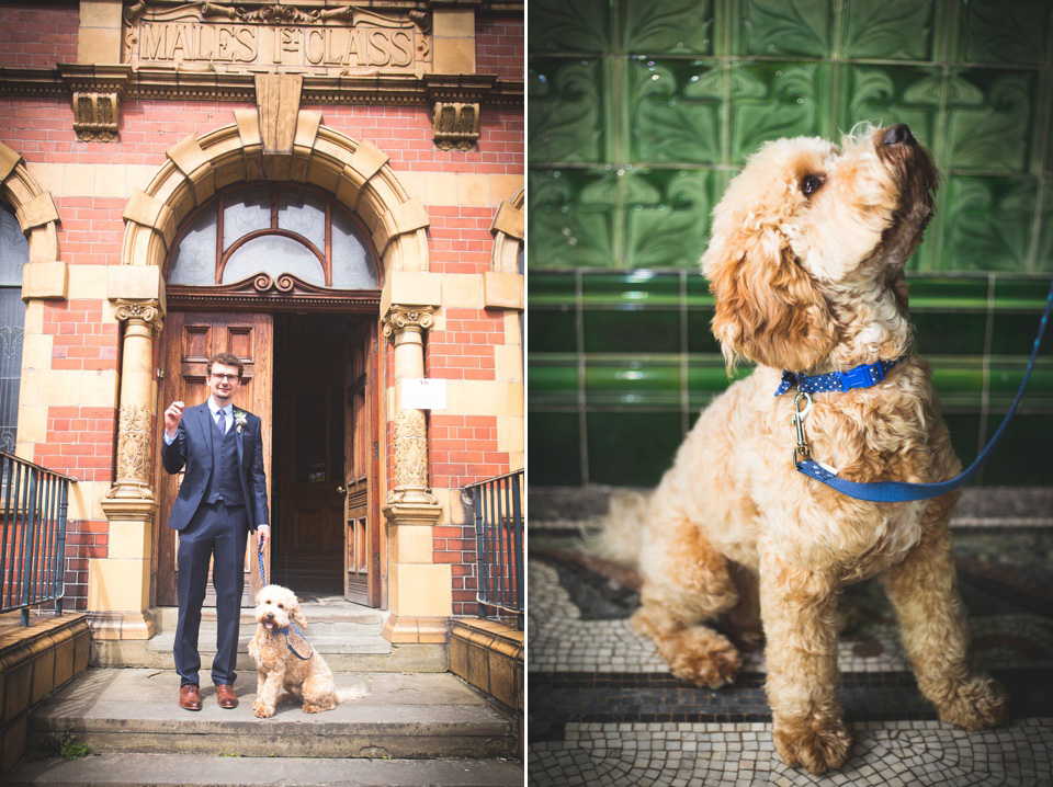 The bride wears a Charlotte Balbier gown for her 50's vintage inspired pale blue wedding at Victoria Baths, Manchester.