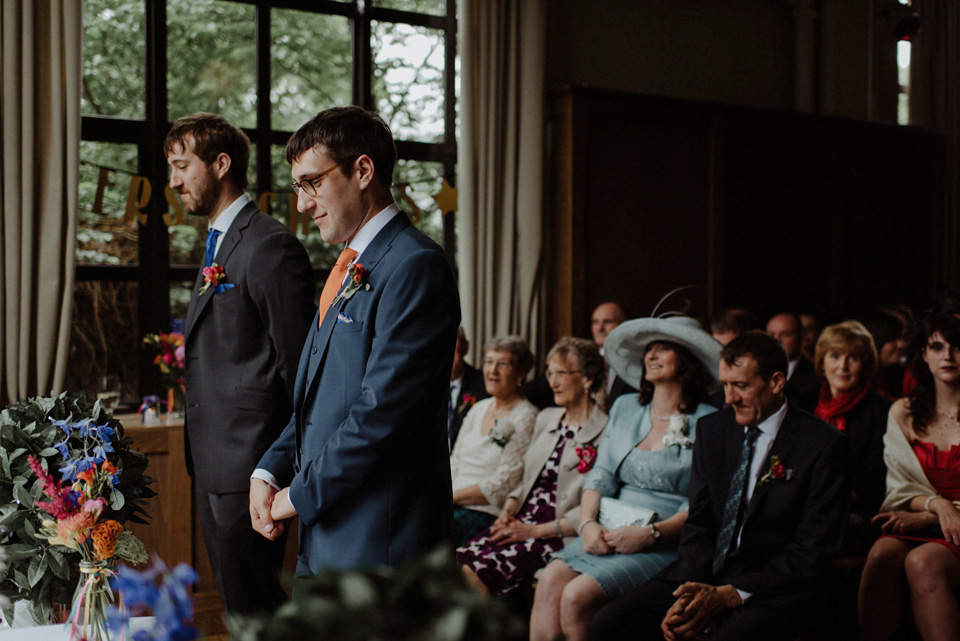 A colourful David Bowie and Wes Anderson inspired wedding in Glasgow. The bride wore a gown from Davids Bridal. Photography by The Kitcheners.