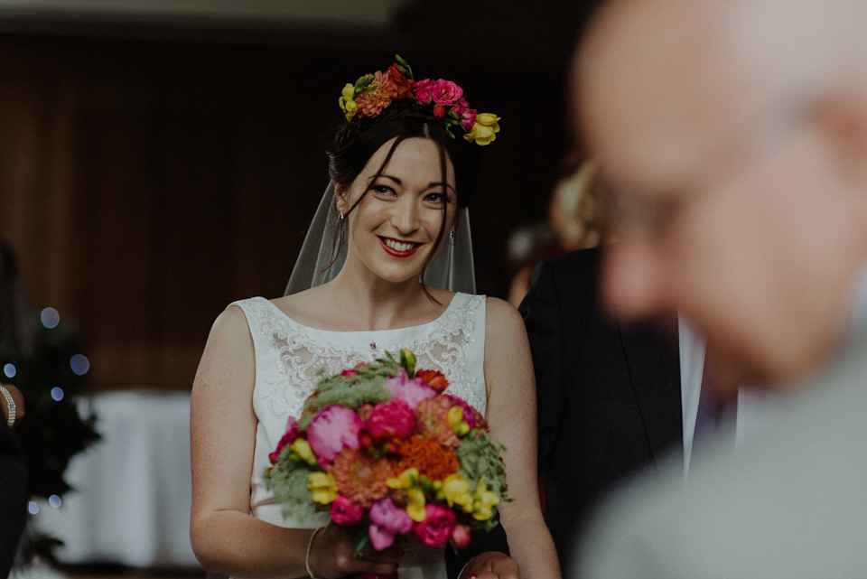 A colourful David Bowie and Wes Anderson inspired wedding in Glasgow. The bride wore a gown from Davids Bridal. Photography by The Kitcheners.