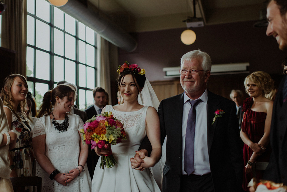 A colourful David Bowie and Wes Anderson inspired wedding in Glasgow. The bride wore a gown from Davids Bridal. Photography by The Kitcheners.