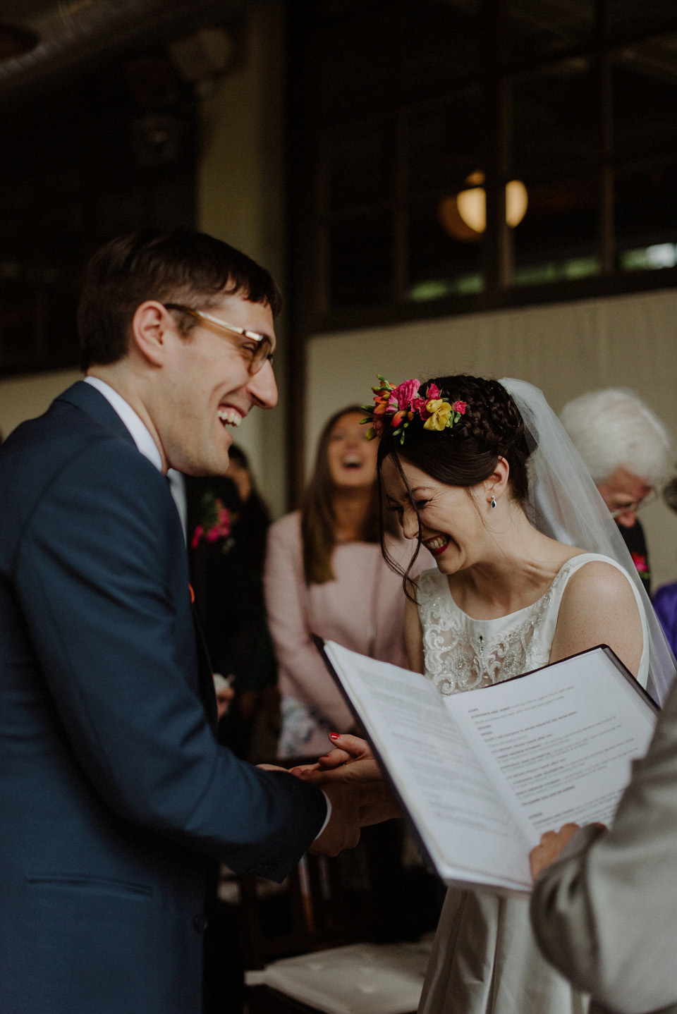 A colourful David Bowie and Wes Anderson inspired wedding in Glasgow. The bride wore a gown from Davids Bridal. Photography by The Kitcheners.