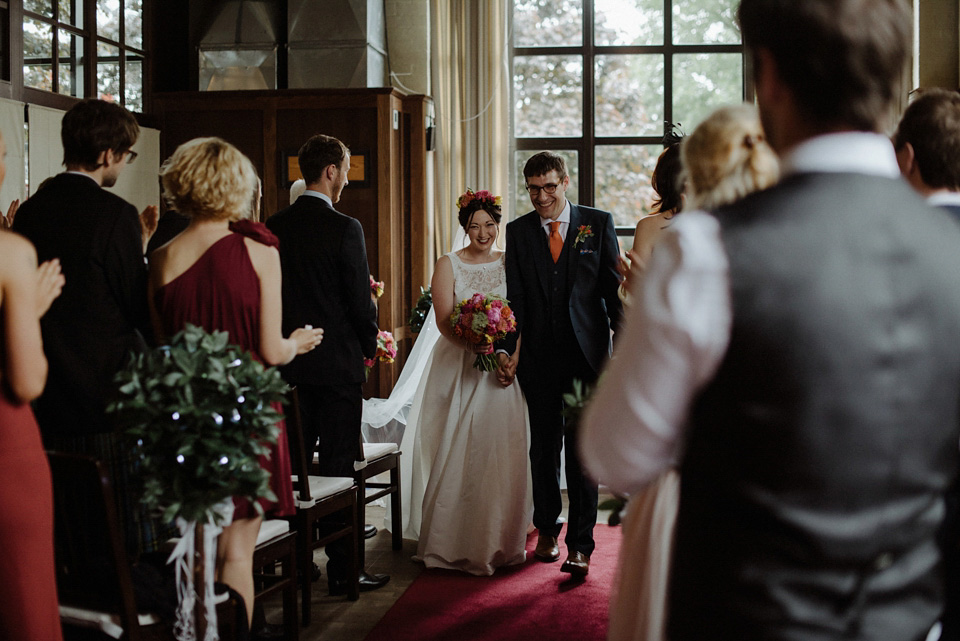 A colourful David Bowie and Wes Anderson inspired wedding in Glasgow. The bride wore a gown from Davids Bridal. Photography by The Kitcheners.