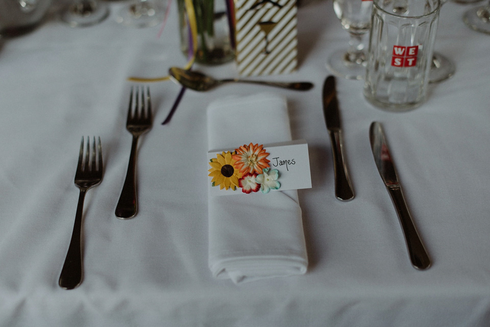 A colourful David Bowie and Wes Anderson inspired wedding in Glasgow. The bride wore a gown from Davids Bridal. Photography by The Kitcheners.