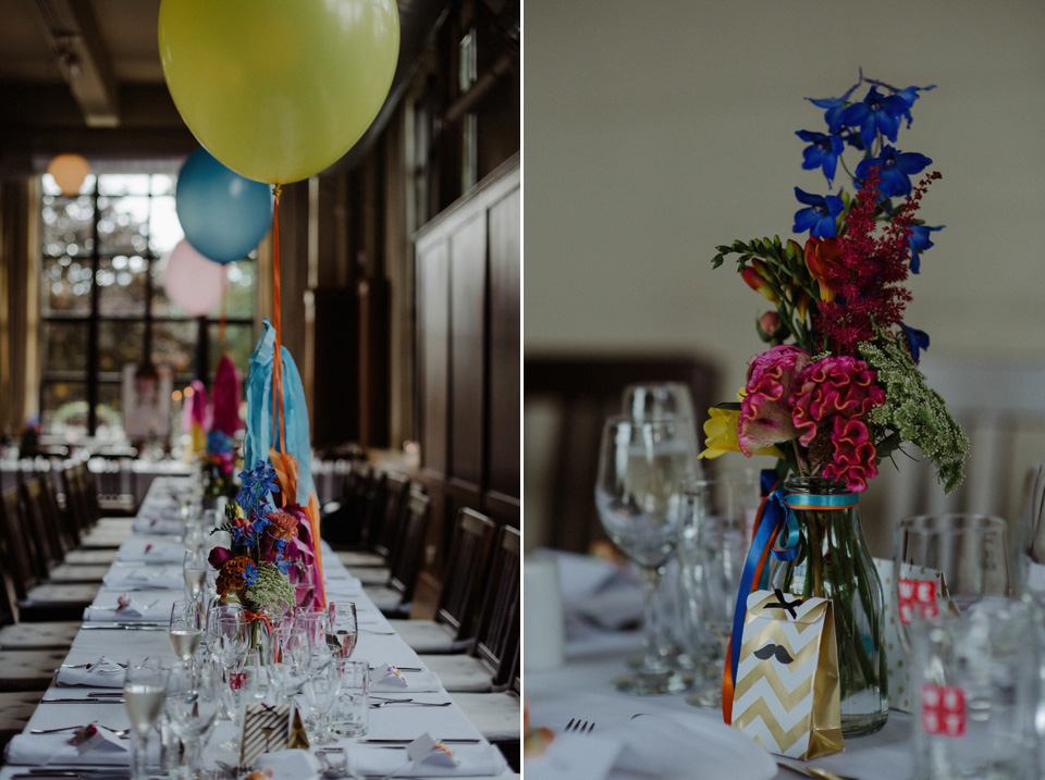 A colourful David Bowie and Wes Anderson inspired wedding in Glasgow. The bride wore a gown from Davids Bridal. Photography by The Kitcheners.