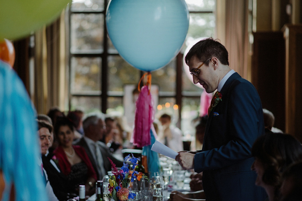 A colourful David Bowie and Wes Anderson inspired wedding in Glasgow. The bride wore a gown from Davids Bridal. Photography by The Kitcheners.