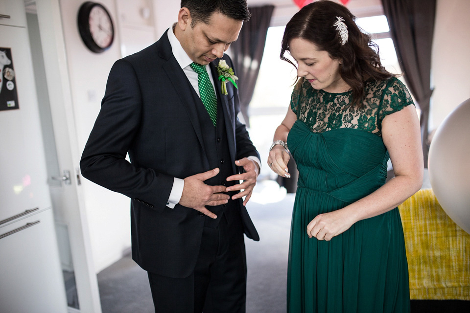 A green wedding dress from Coast, for this quirky modern London wedding, Images by Olliver Photography.