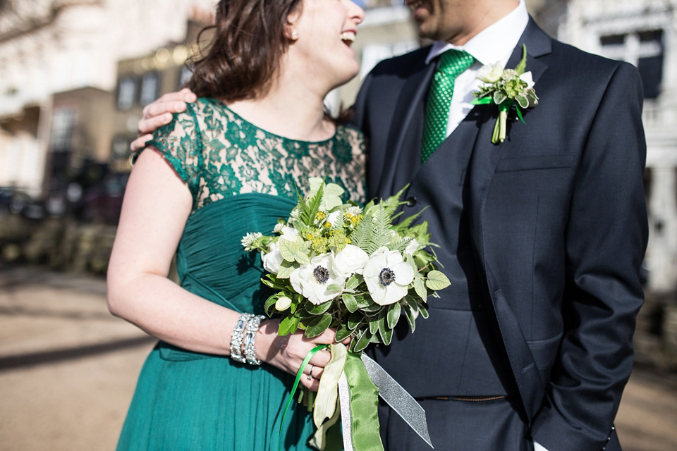 A green wedding dress from Coast, for this quirky modern London wedding, Images by Olliver Photography.