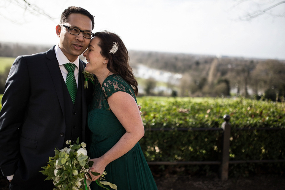 A green wedding dress from Coast, for this quirky modern London wedding, Images by Olliver Photography.