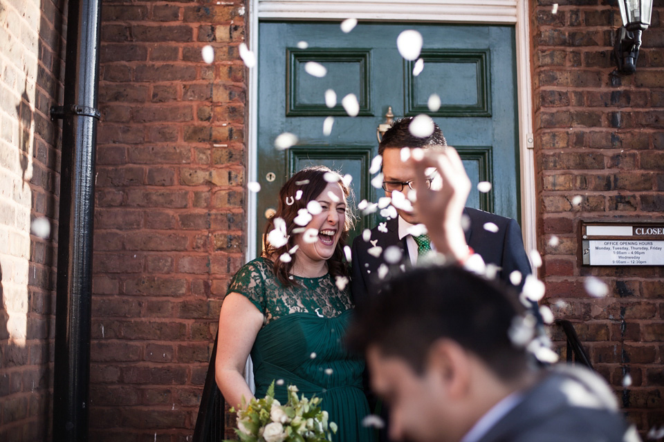 A green wedding dress from Coast, for this quirky modern London wedding, Images by Olliver Photography.