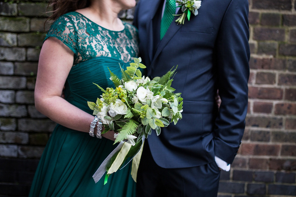 A green wedding dress from Coast, for this quirky modern London wedding, Images by Olliver Photography.