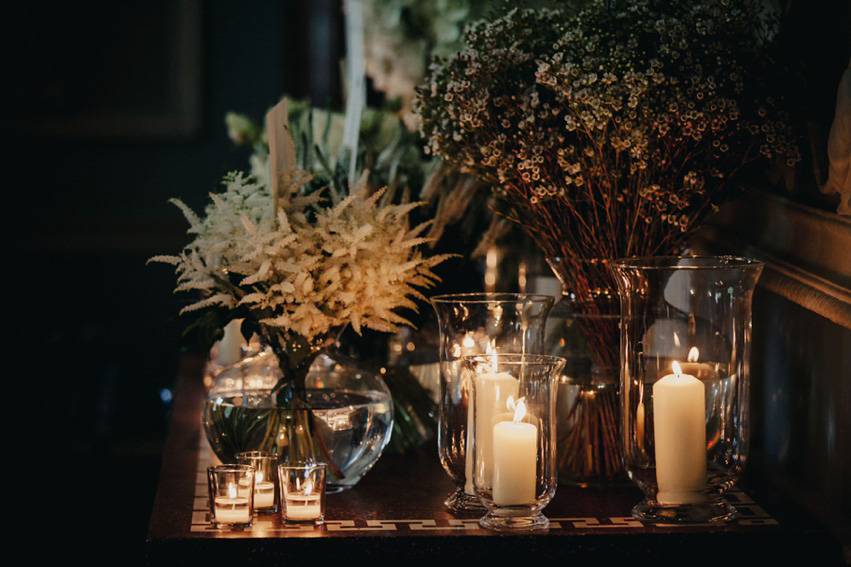 Bride Jess wears an original 1970's vintage Ossie Clarke dress for her Jewish wedding ceremony at Home House in London. Photography by Rebecca Goddard.