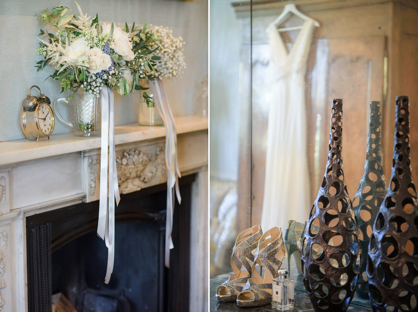 A Theia Couture wedding dress and ostrich feathers for this elegant Babington House wedding. Photography by Ria Mishaal.