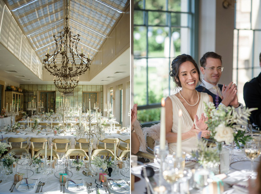 A Theia Couture wedding dress and ostrich feathers for this elegant Babington House wedding. Photography by Ria Mishaal.