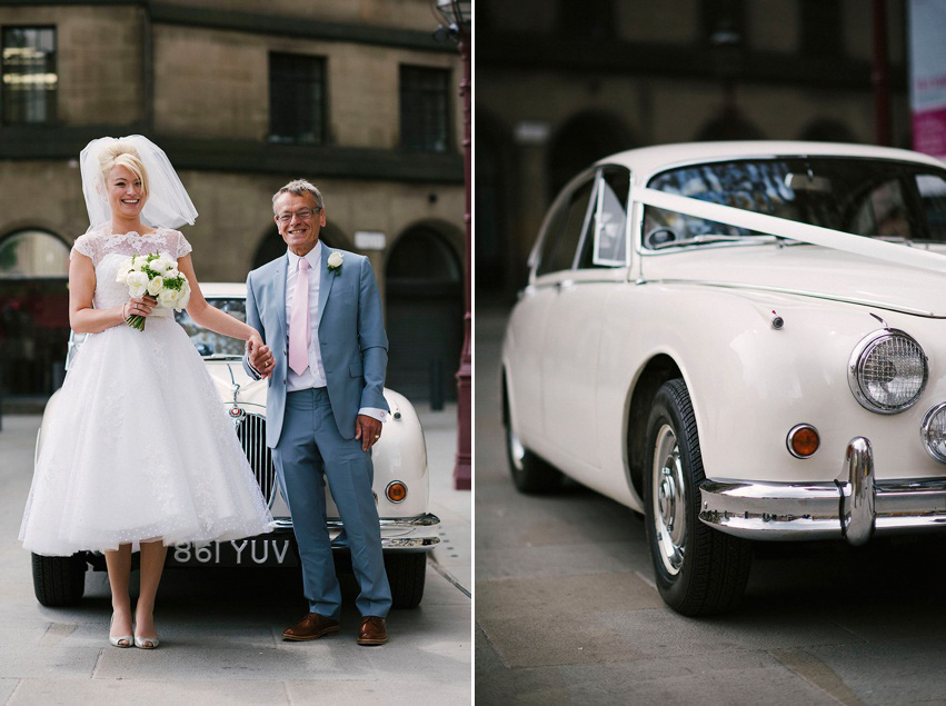 The bride wears a 1950's inspired polka dot dress by Mooshki Bride.  Photography by Kerry Woods.