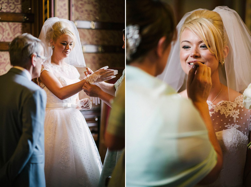 The bride wears a 1950's inspired polka dot dress by Mooshki Bride.  Photography by Kerry Woods.