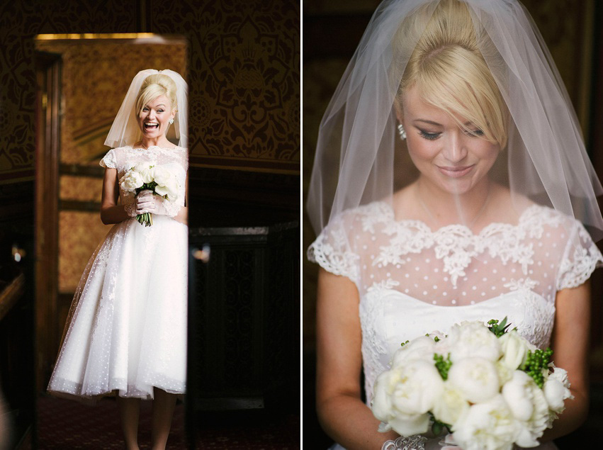 The bride wears a 1950's inspired polka dot dress by Mooshki Bride.  Photography by Kerry Woods.