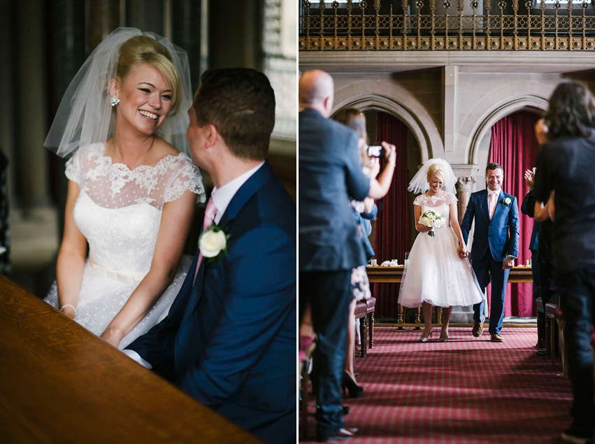 The bride wears a 1950's inspired polka dot dress by Mooshki Bride.  Photography by Kerry Woods.