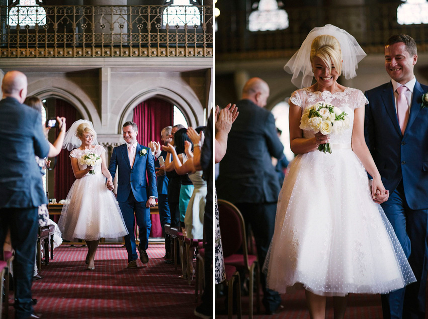 The bride wears a 1950's inspired polka dot dress by Mooshki Bride.  Photography by Kerry Woods.