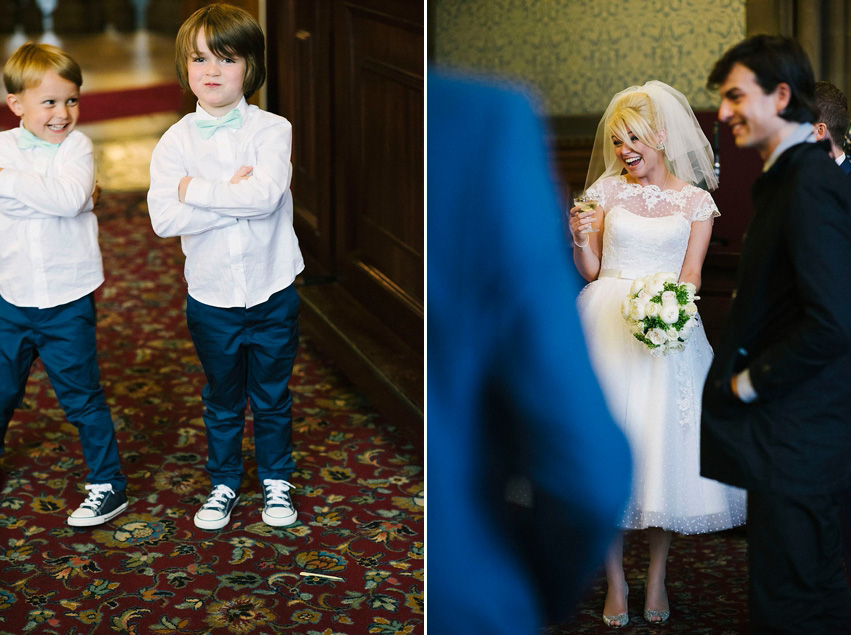 The bride wears a 1950's inspired polka dot dress by Mooshki Bride.  Photography by Kerry Woods.