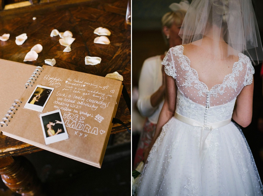 The bride wears a 1950's inspired polka dot dress by Mooshki Bride.  Photography by Kerry Woods.