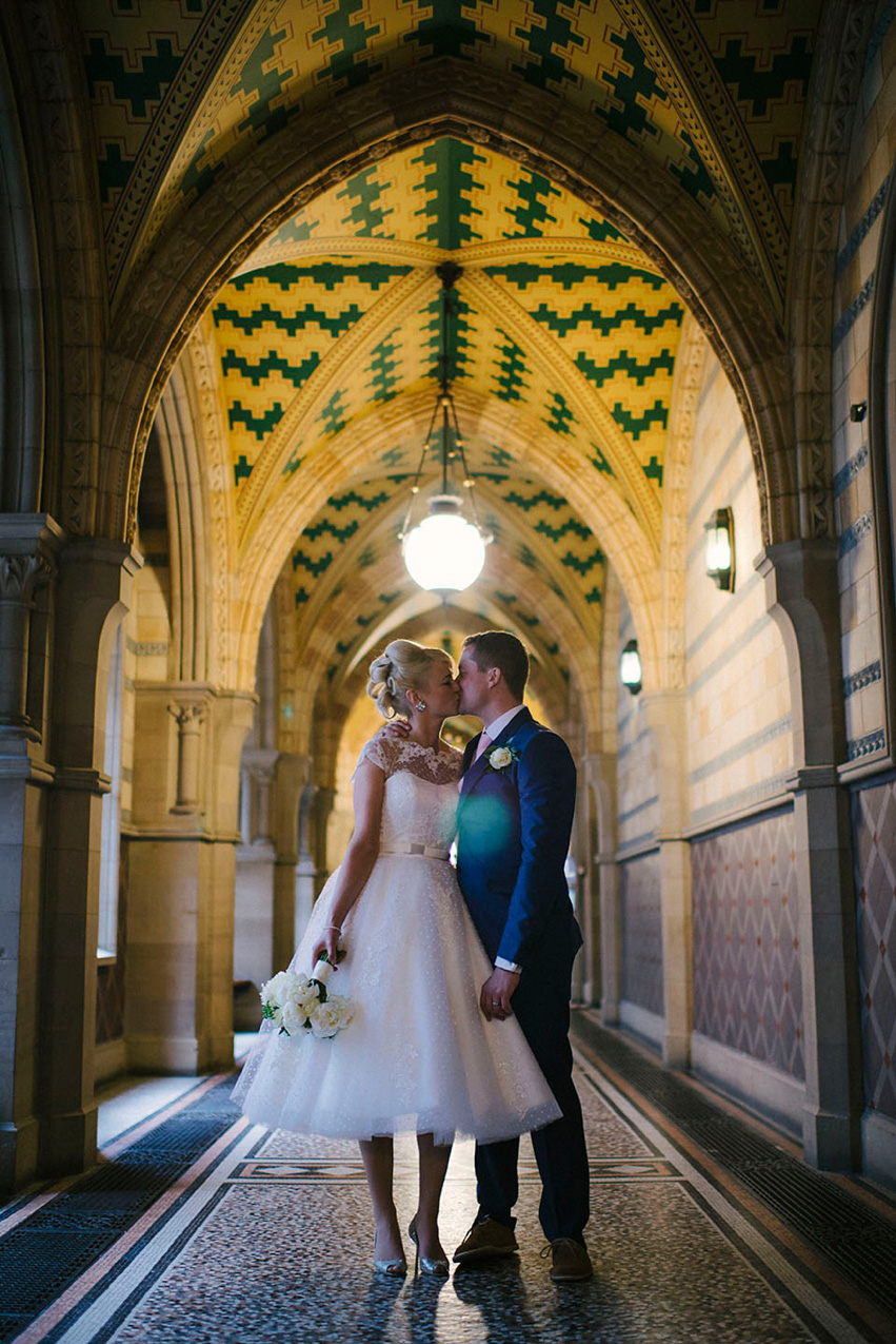 The bride wears a 1950's inspired polka dot dress by Mooshki Bride.  Photography by Kerry Woods.