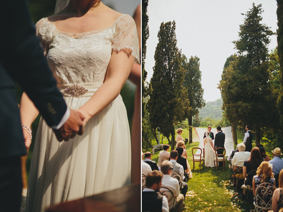 The bride wears Grace Loves Lace for her laid back, rustic, simple and elegant outdoor wedding in the Italian hillsides. Photography by Peter Jurica, film by Happy Wedding Films.