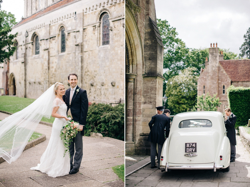 The bride wears Suzanne Neville for her Summer wedding at a vintage railway station. Images by M&J Photography.