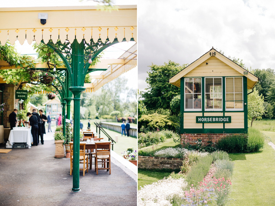 The bride wears Suzanne Neville for her Summer wedding at a vintage railway station. Images by M&J Photography.