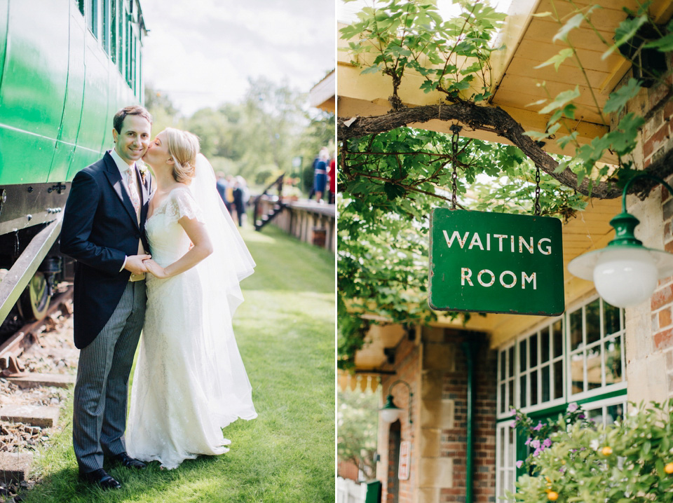 The bride wears Suzanne Neville for her Summer wedding at a vintage railway station. Images by M&J Photography.